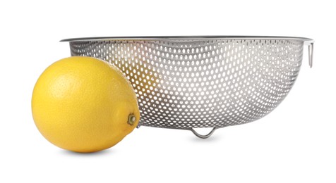 Photo of Colander with fresh lemon isolated on white