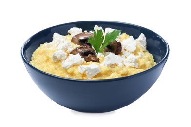 Tasty banosh with brynza and mushrooms in bowl isolated on white. Traditional Ukrainian dish