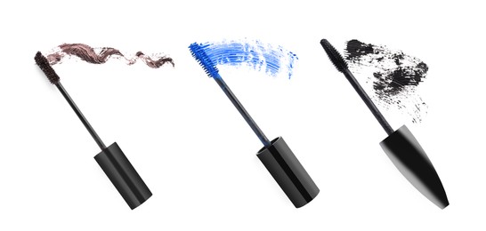 Set with different brushes and mascara strokes on white background, top view. Banner design