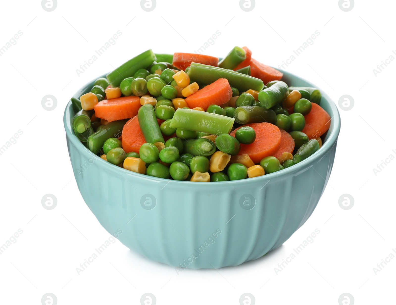 Photo of Mix of fresh vegetables in bowl on white background