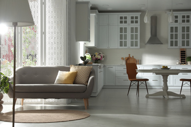 Stylish apartment interior with modern kitchen. Idea for design