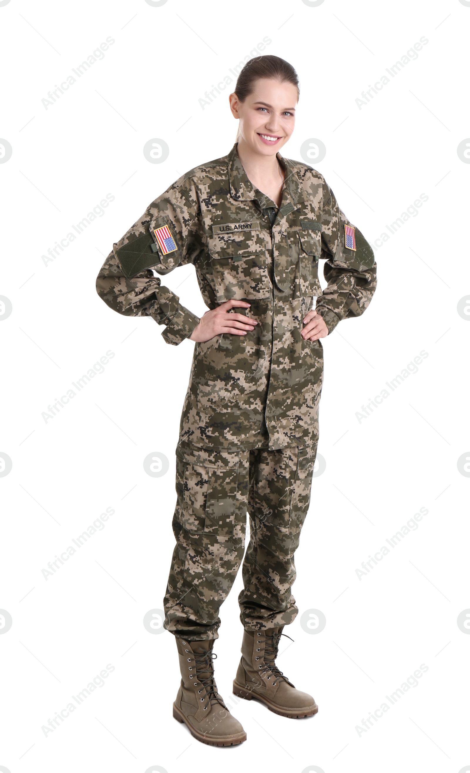 Photo of Female soldier on white background. Military service