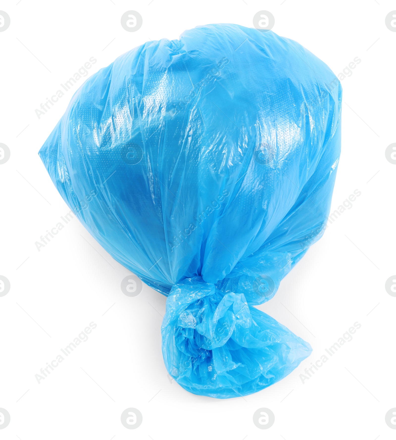 Photo of Blue plastic garbage bag isolated on white