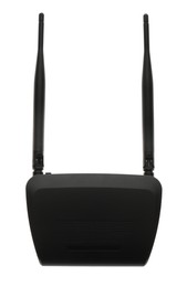 Modern Wi-Fi router on white background, top view