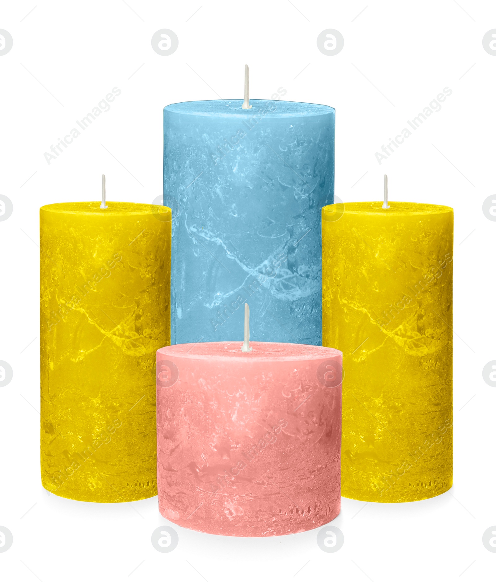 Image of Set of color wax candles on white background