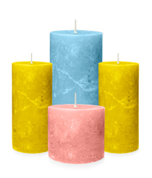 Image of Set of color wax candles on white background