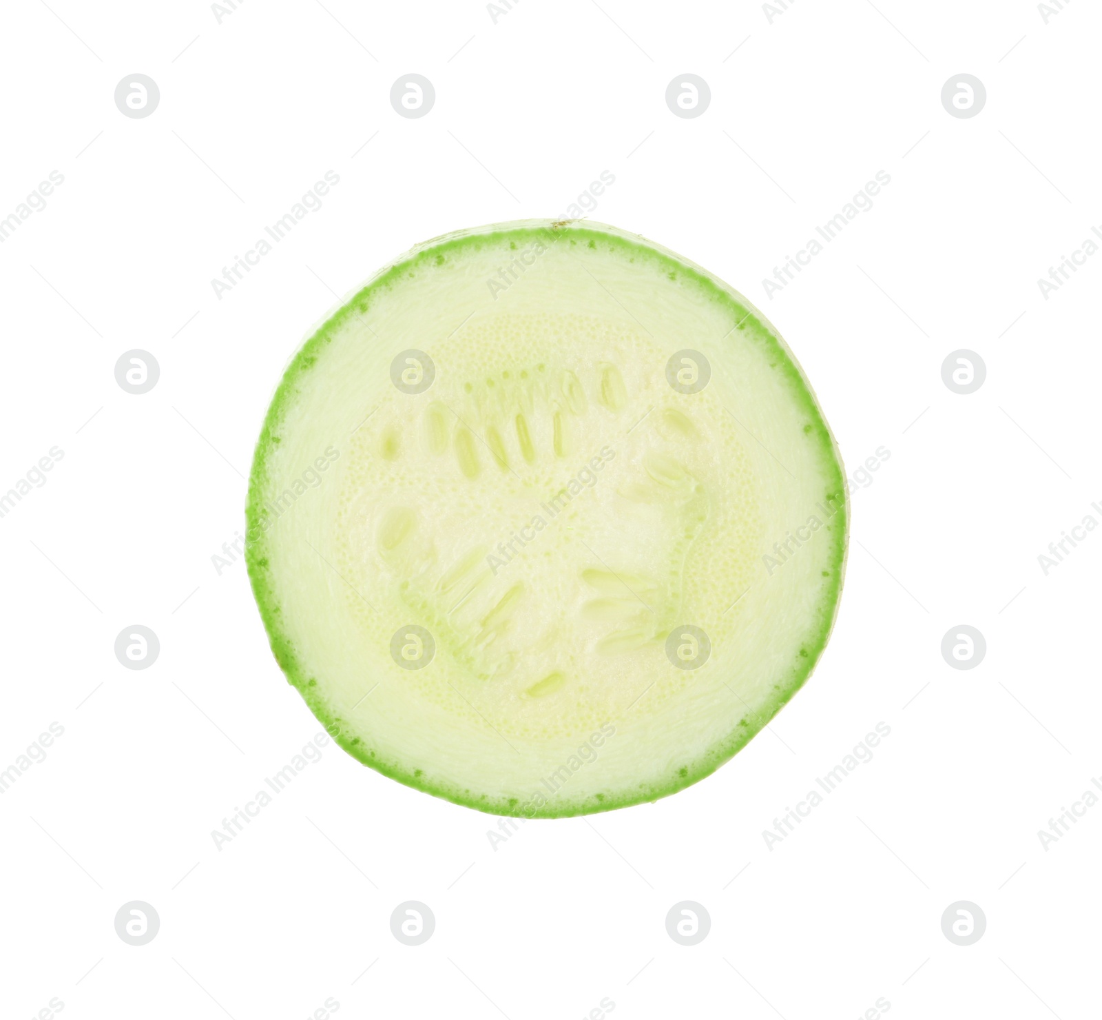 Photo of Slice of ripe zucchini isolated on white, top view