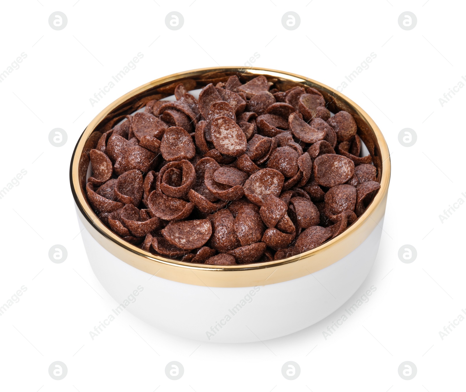 Photo of Breakfast cereal. Chocolate corn flakes in bowl isolated on white