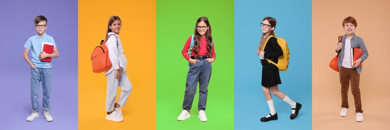 Schoolchildren on color backgrounds, set of photos