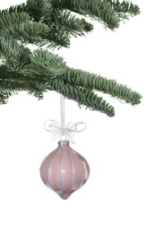 Photo of Fir tree branch with Christmas bauble on white background