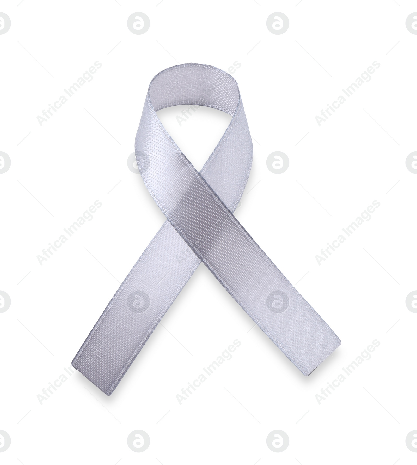 Photo of Gray awareness ribbon isolated on white, top view