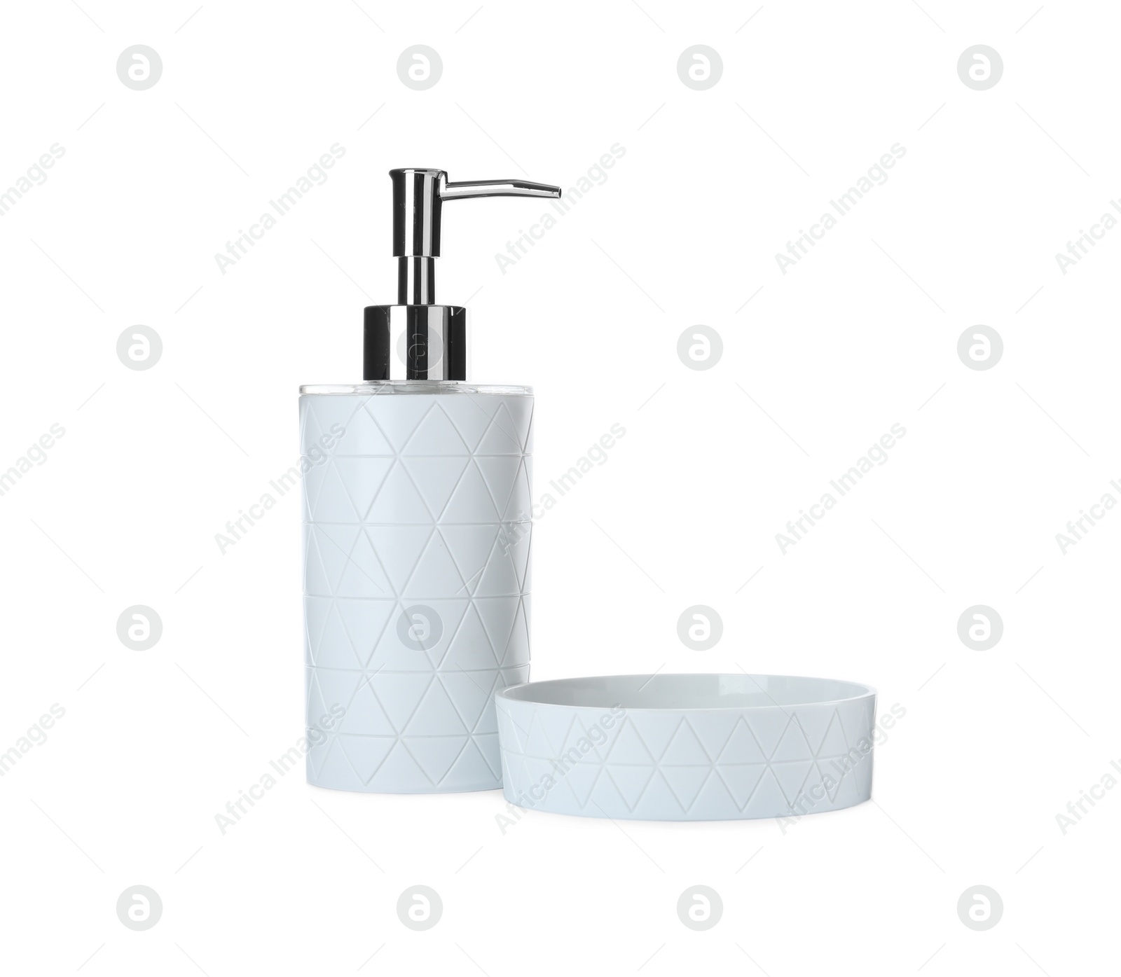 Photo of Stylish dispenser and soap dish on white background