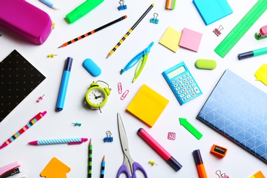 Photo of School stationery on white background, flat lay. Back to school