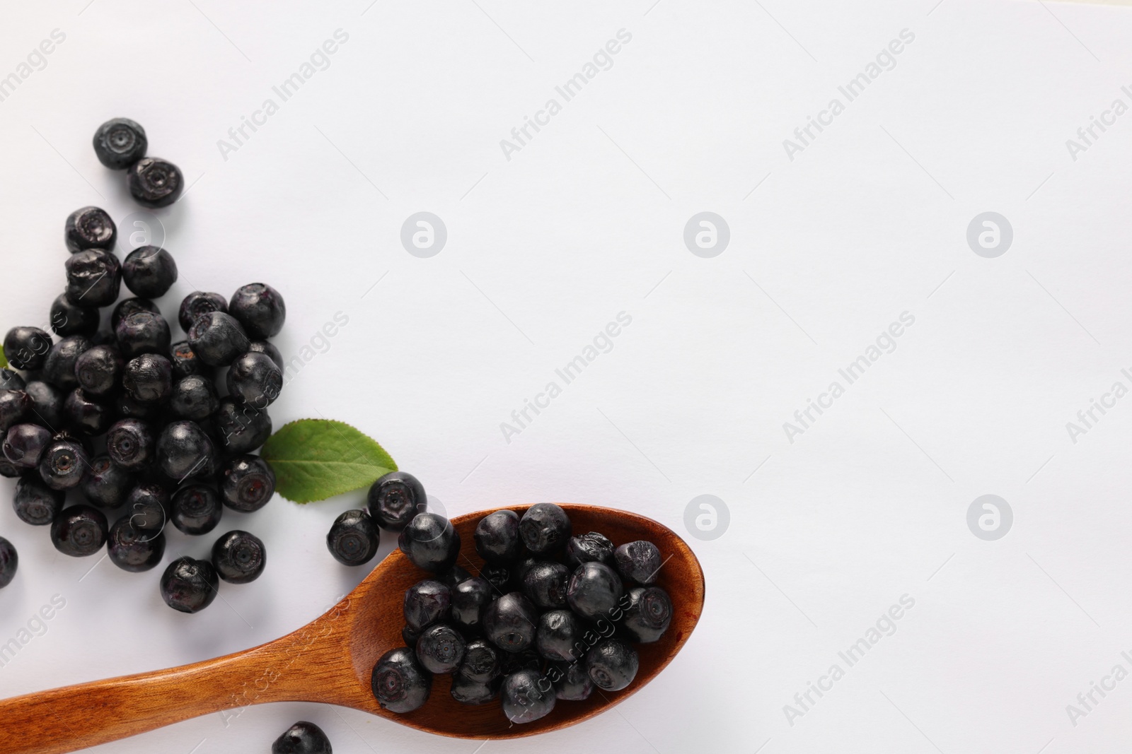 Photo of Spoon with ripe bilberries and leaf on white background, flat lay. Space for text