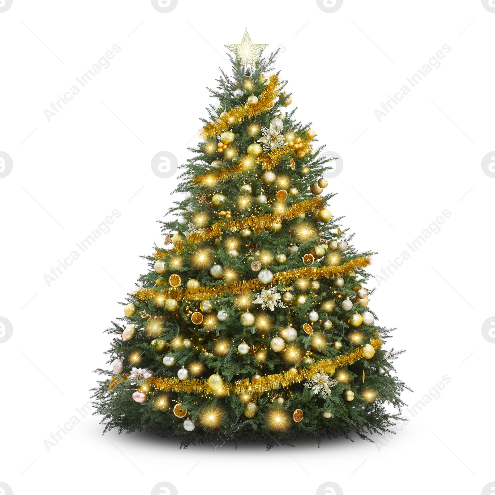 Image of Christmas tree decorated with ornaments and festive lights isolated on white