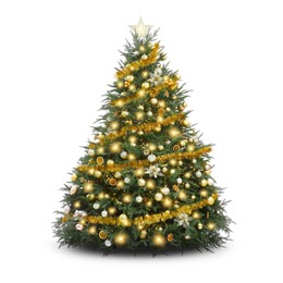 Image of Christmas tree decorated with ornaments and festive lights isolated on white