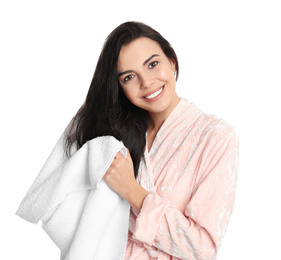 Photo of Young woman drying hair with towel on white background