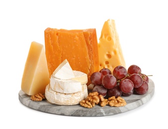 Photo of Composition with cheese, grapes and walnuts on white background