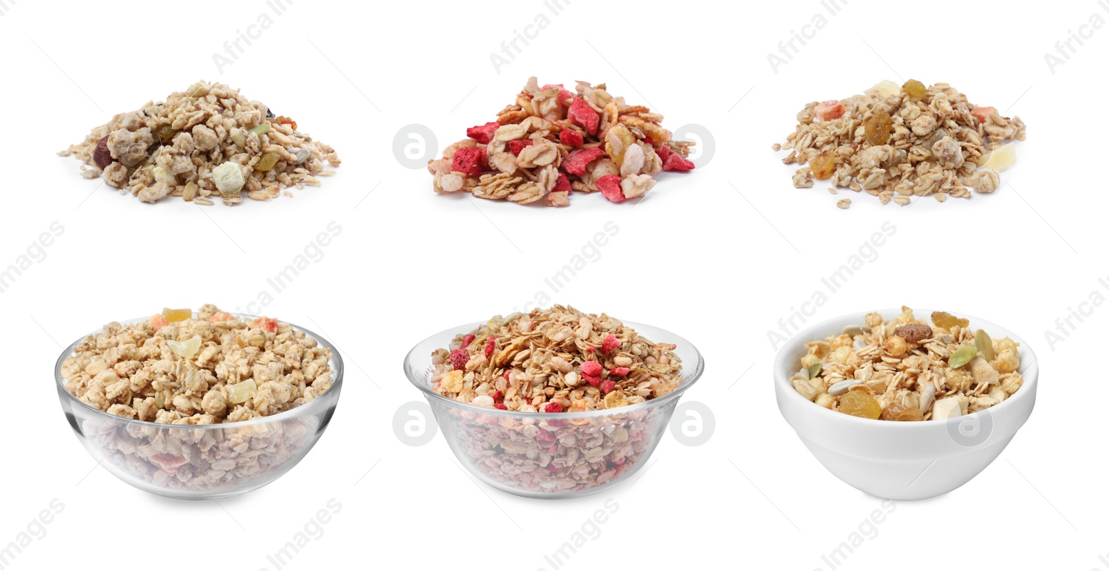 Image of Set with different delicious granola on white background. Banner design