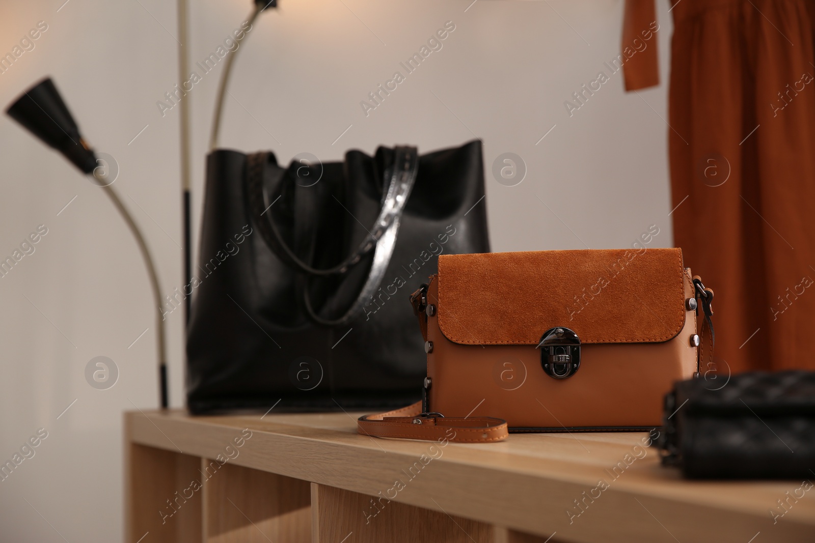 Photo of Elegant bags on display in luxury boutique