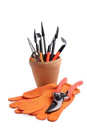 Pair of gloves and gardening tools on white background