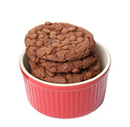 Photo of Delicious chocolate chip cookies in bowl isolated on white