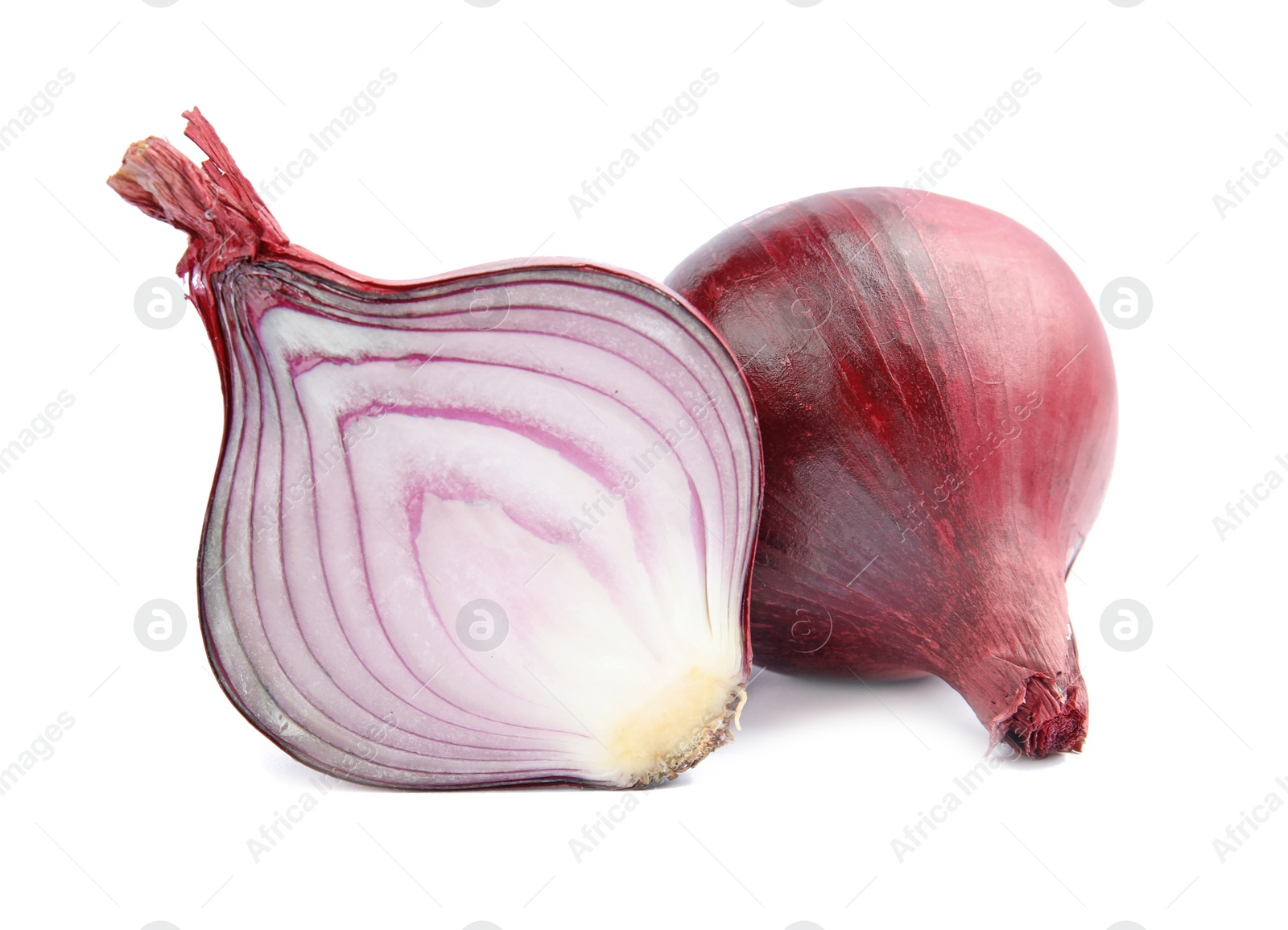 Photo of Ripe red onions on white background