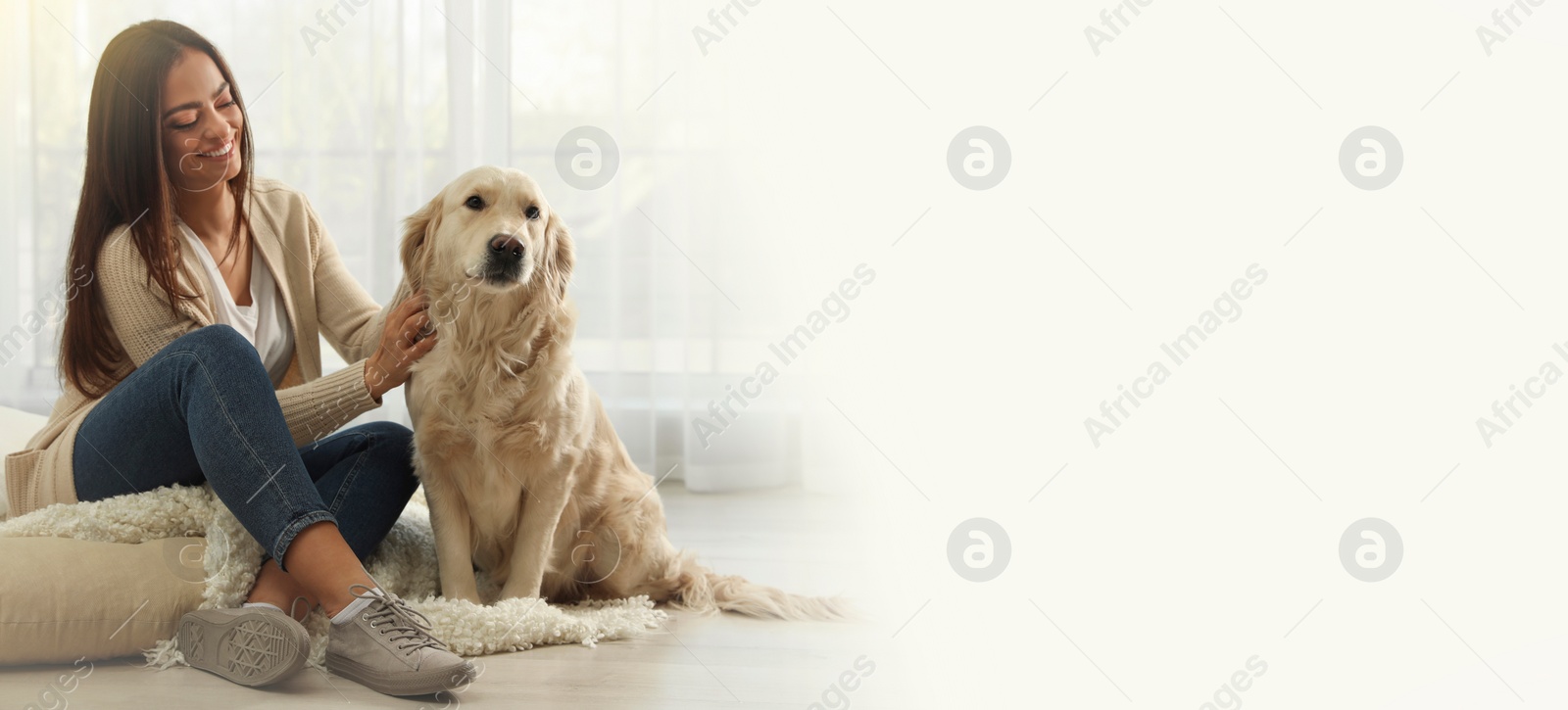 Image of Young woman with her pet at home, space for text. Banner design