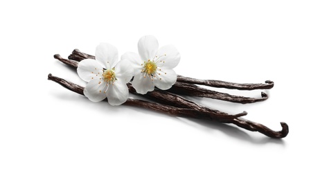 Photo of Vanilla sticks and flowers on white background