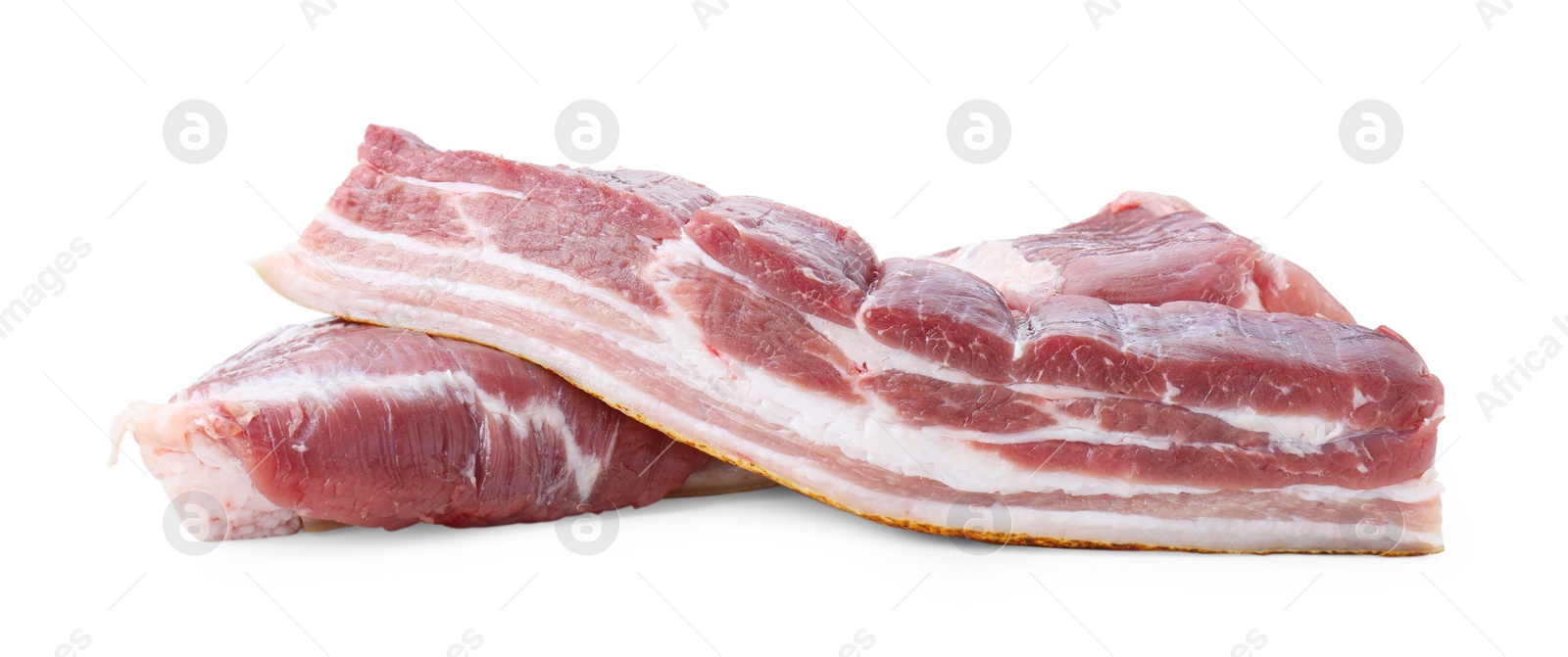 Photo of Pieces of raw pork belly isolated on white