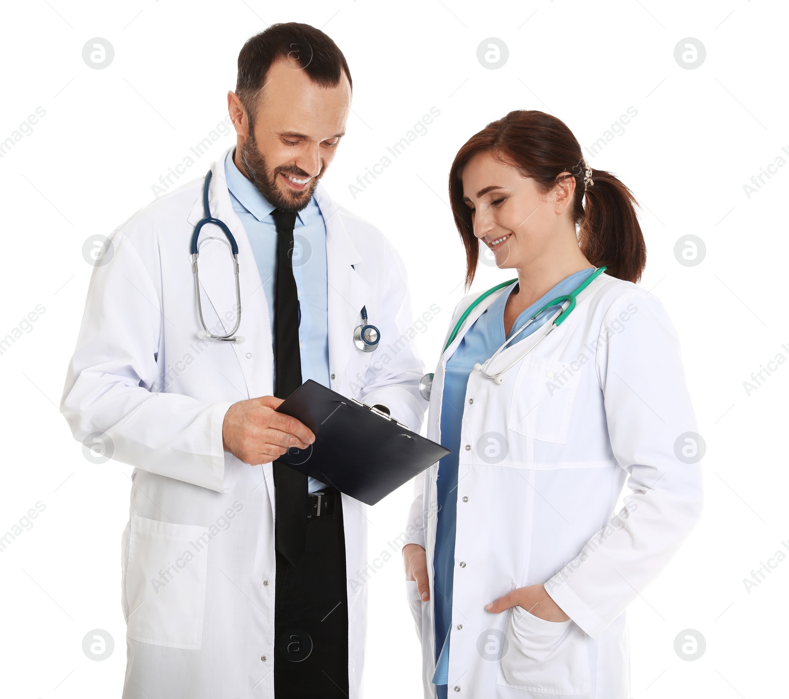 Photo of Portrait of doctors with clipboard isolated on white. Medical staff