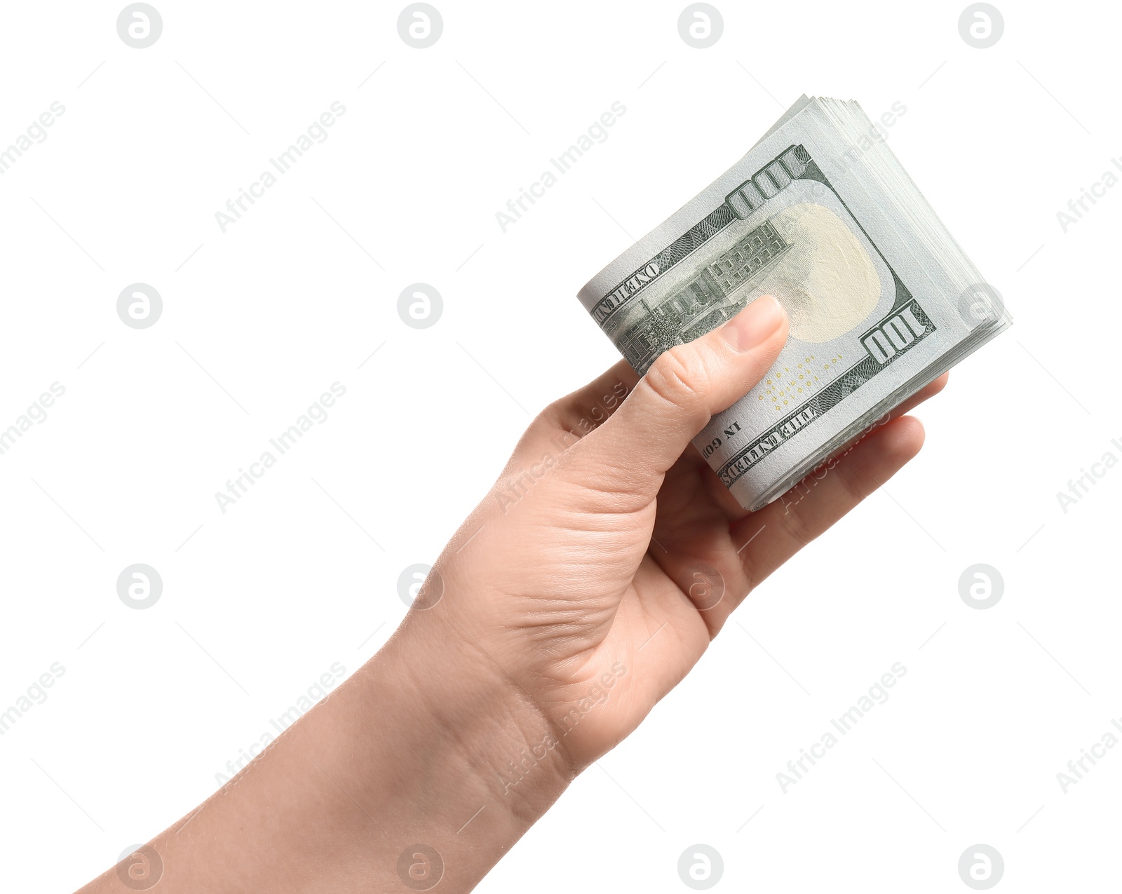 Photo of Money exchange. Woman holding dollar banknotes on white background, closeup