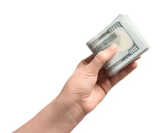 Money exchange. Woman holding dollar banknotes on white background, closeup