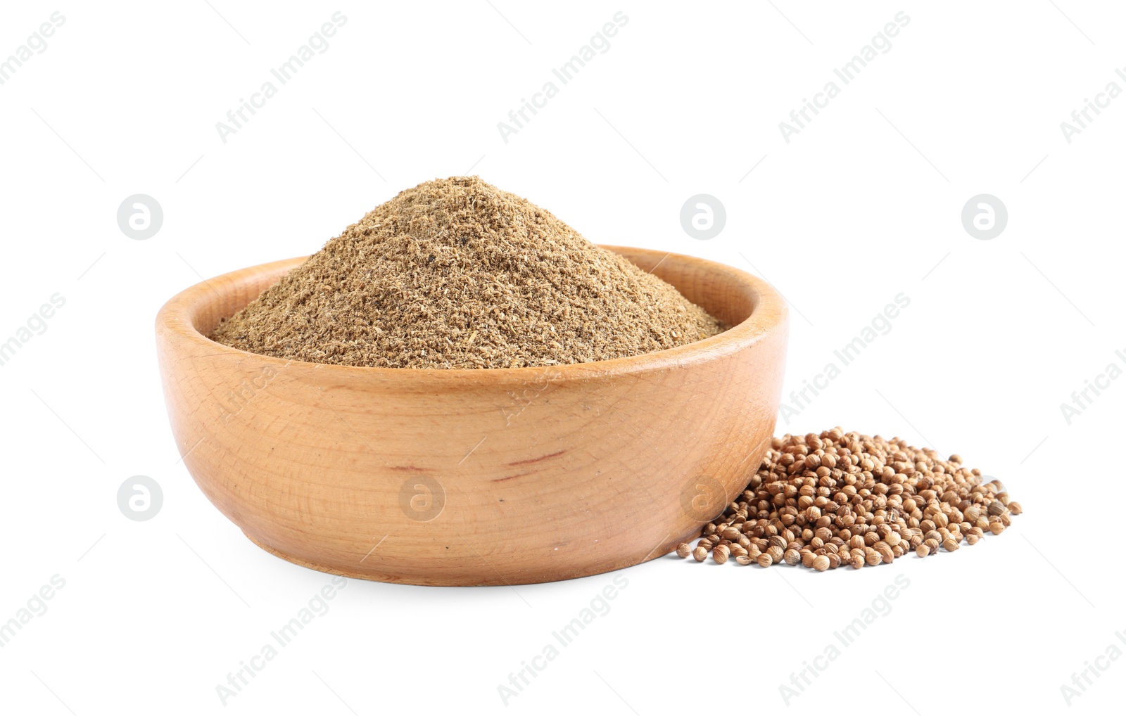 Photo of Wooden bowl with powdered coriander and corns on white background