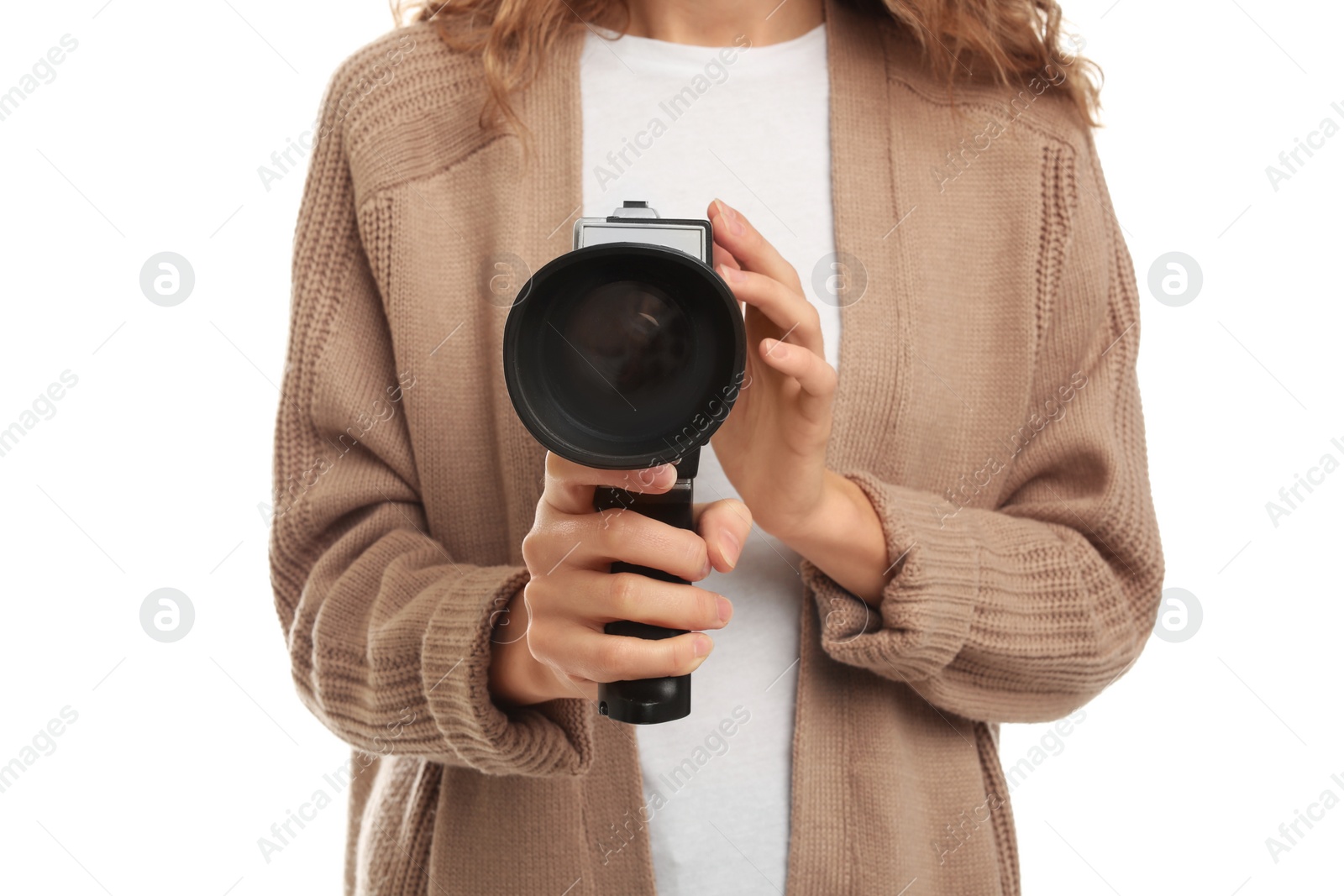 Photo of Woman with vintage video camera on white background, closeup