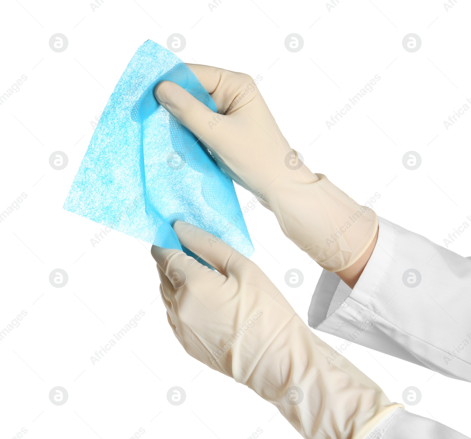 Photo of Doctor in medical gloves holding cloth on white background