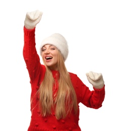 Photo of Portrait of emotional young woman in stylish clothes on white background. Winter atmosphere