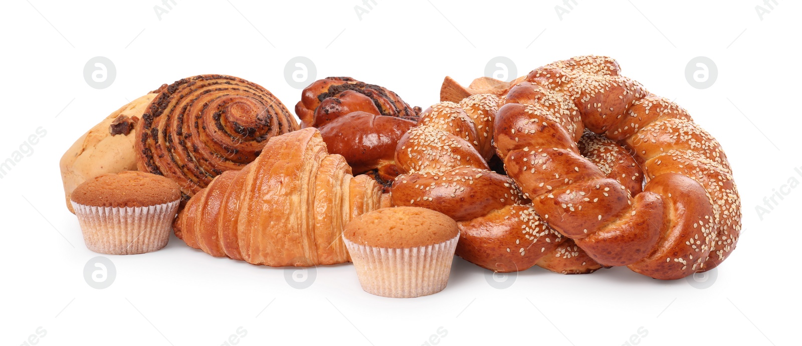 Photo of Different tasty freshly baked pastries isolated on white