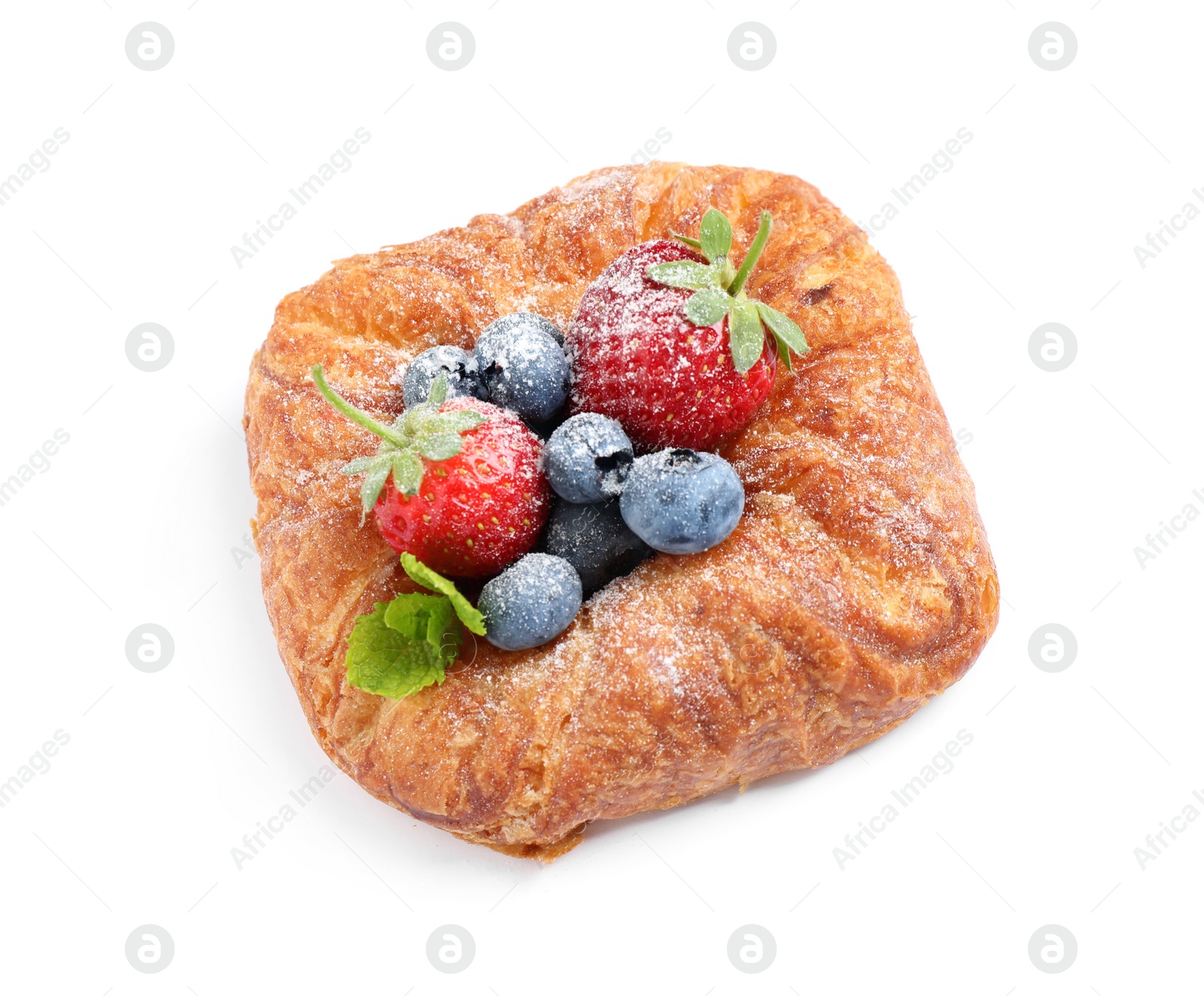 Photo of Fresh delicious puff pastry with sweet berries on white background, above view