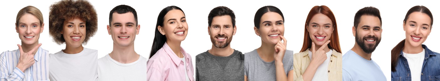 People showing white teeth on white background, collage of photos