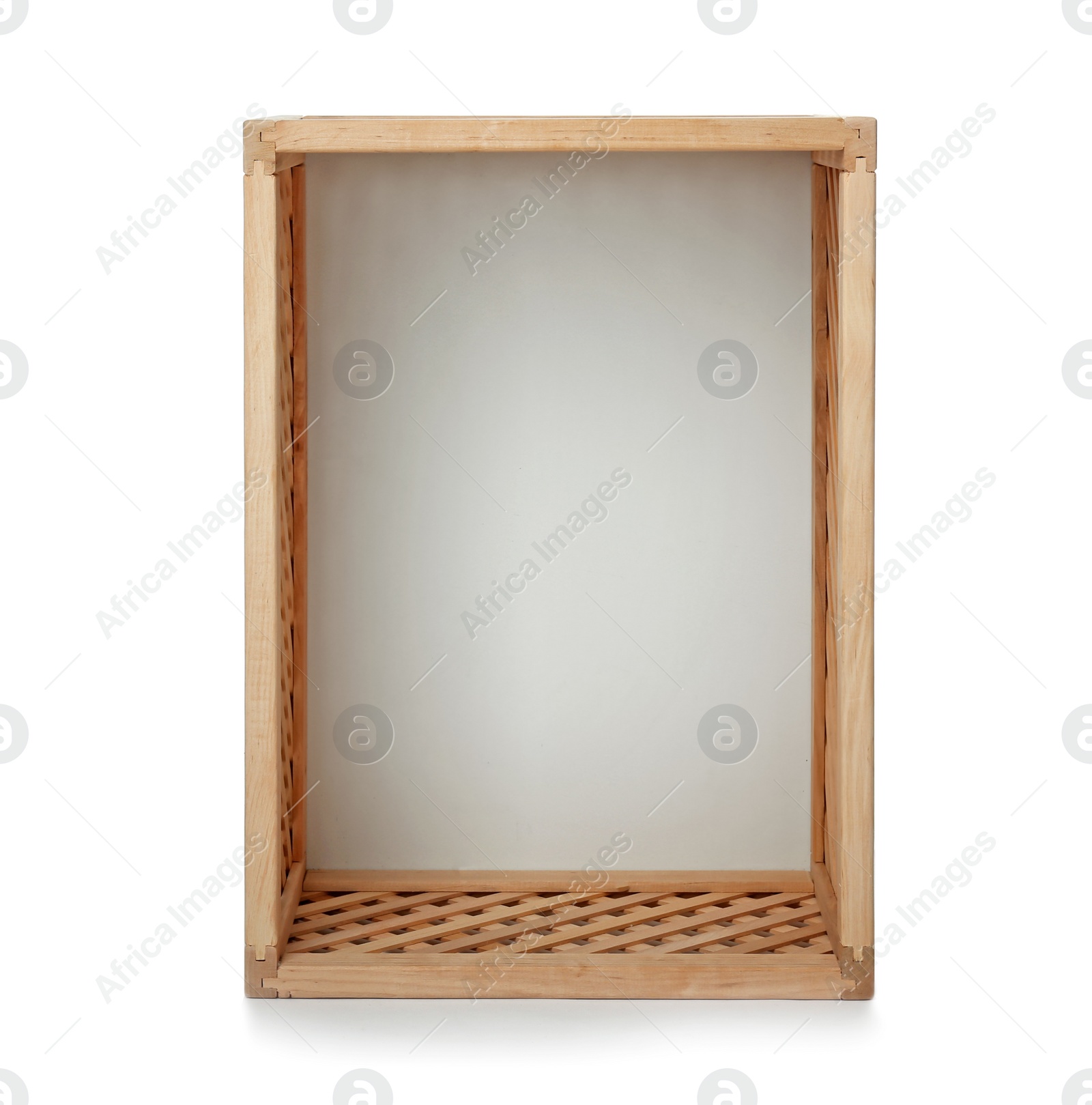 Photo of Empty open wooden crate isolated on white