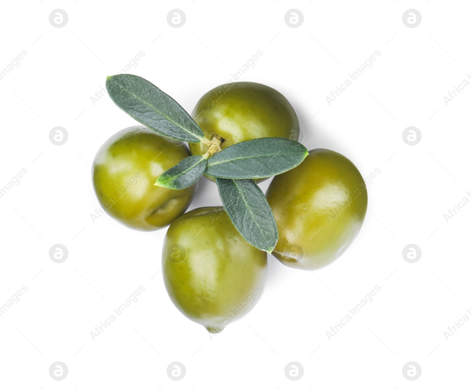 Photo of Delicious fresh green olives with leaves on white background, top view
