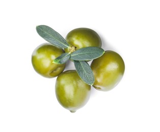 Photo of Delicious fresh green olives with leaves on white background, top view