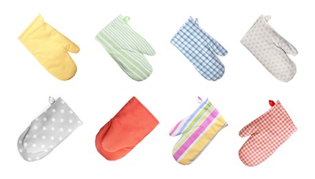 Set with different oven gloves on white background. Banner design