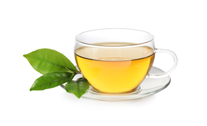 Photo of Tasty green tea and fresh leaves on white background