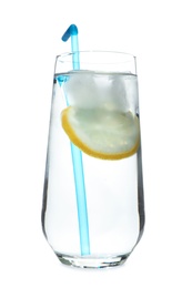 Photo of Glass of water with lemon, ice and straw on white background. Refreshing drink