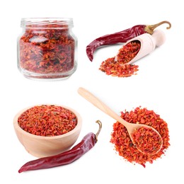 Image of Aromatic spices. Red chili pepper flakes and whole dried peppers on white background, set