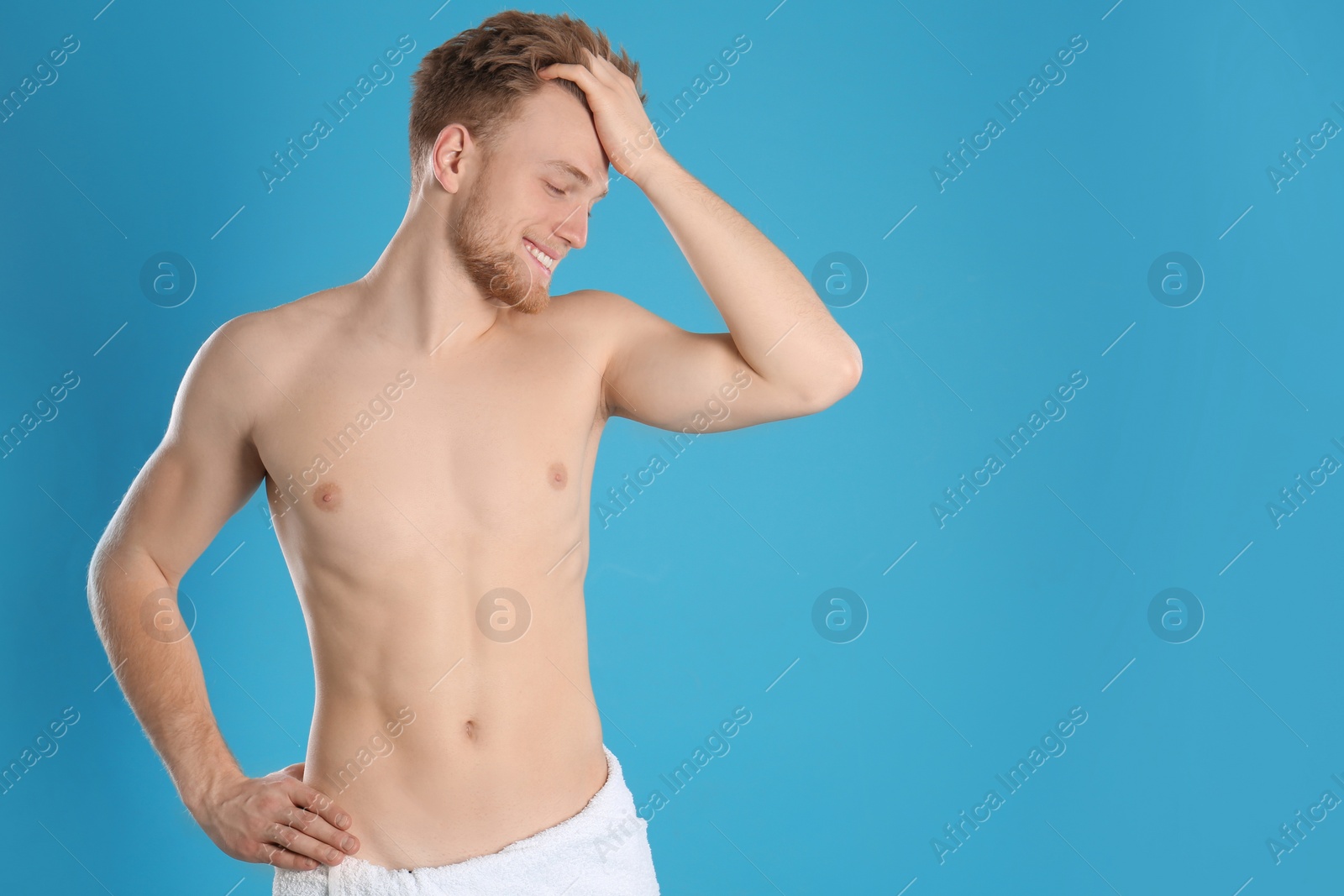 Photo of Handsome man with slim body on color background. Space for text