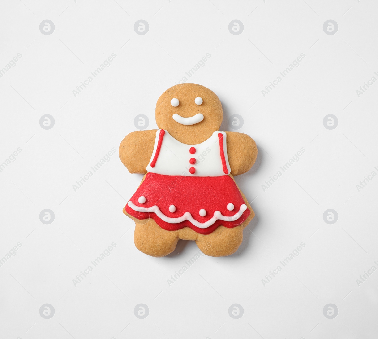 Photo of Tasty homemade Christmas cookie on white background, top view