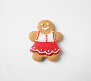 Tasty homemade Christmas cookie on white background, top view